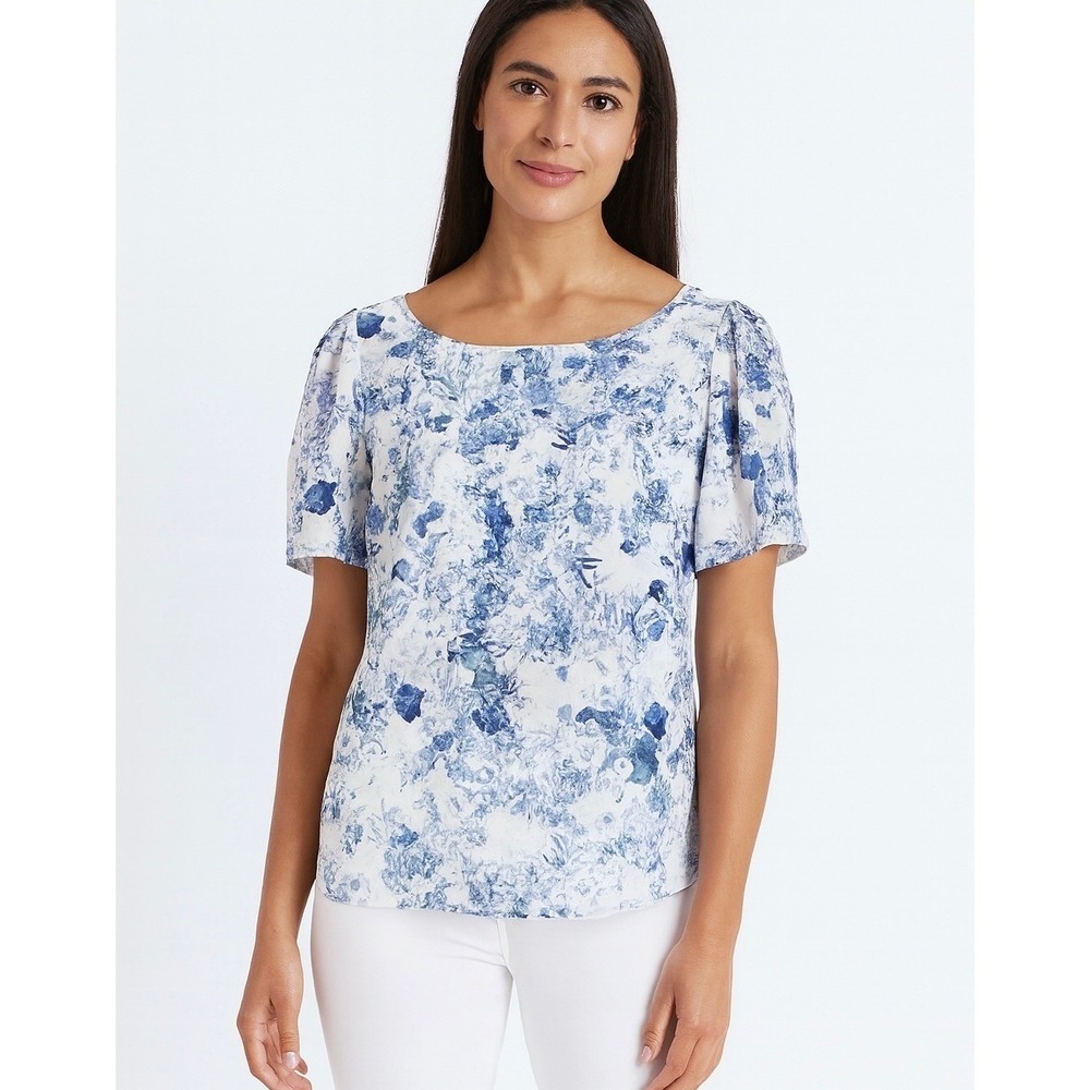 Alex Marie Blouse Top Puff Short Sleeve Blue Watercolor Floral Print Romantic SM